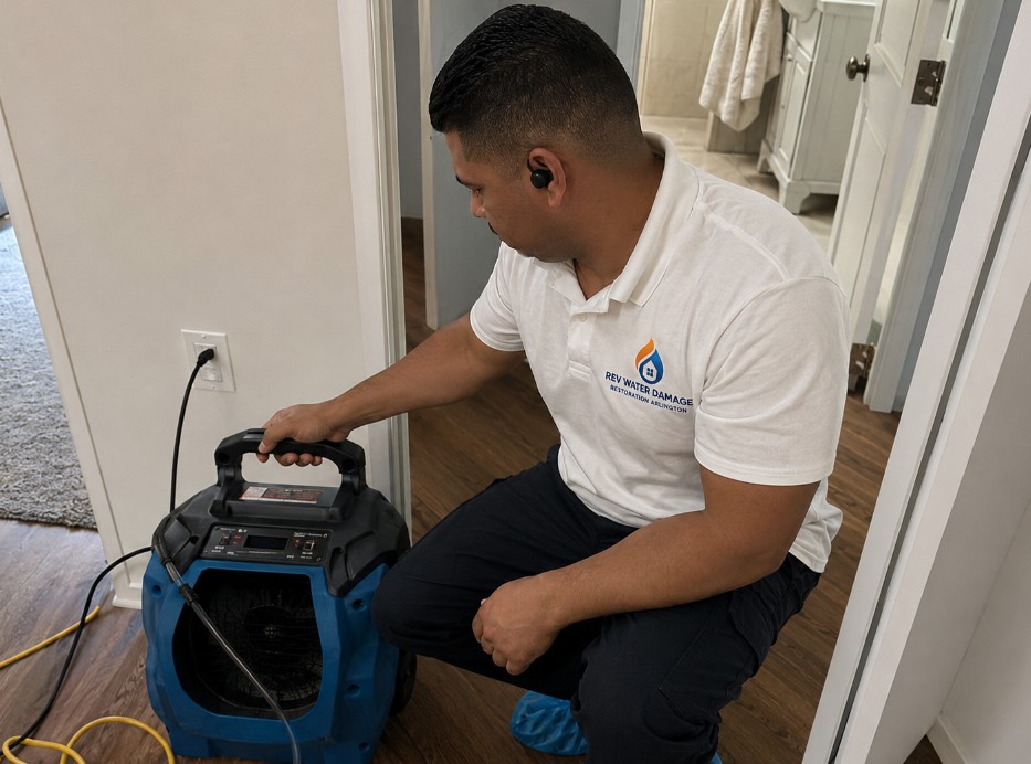 Technician placing air mover near affected wall outlet